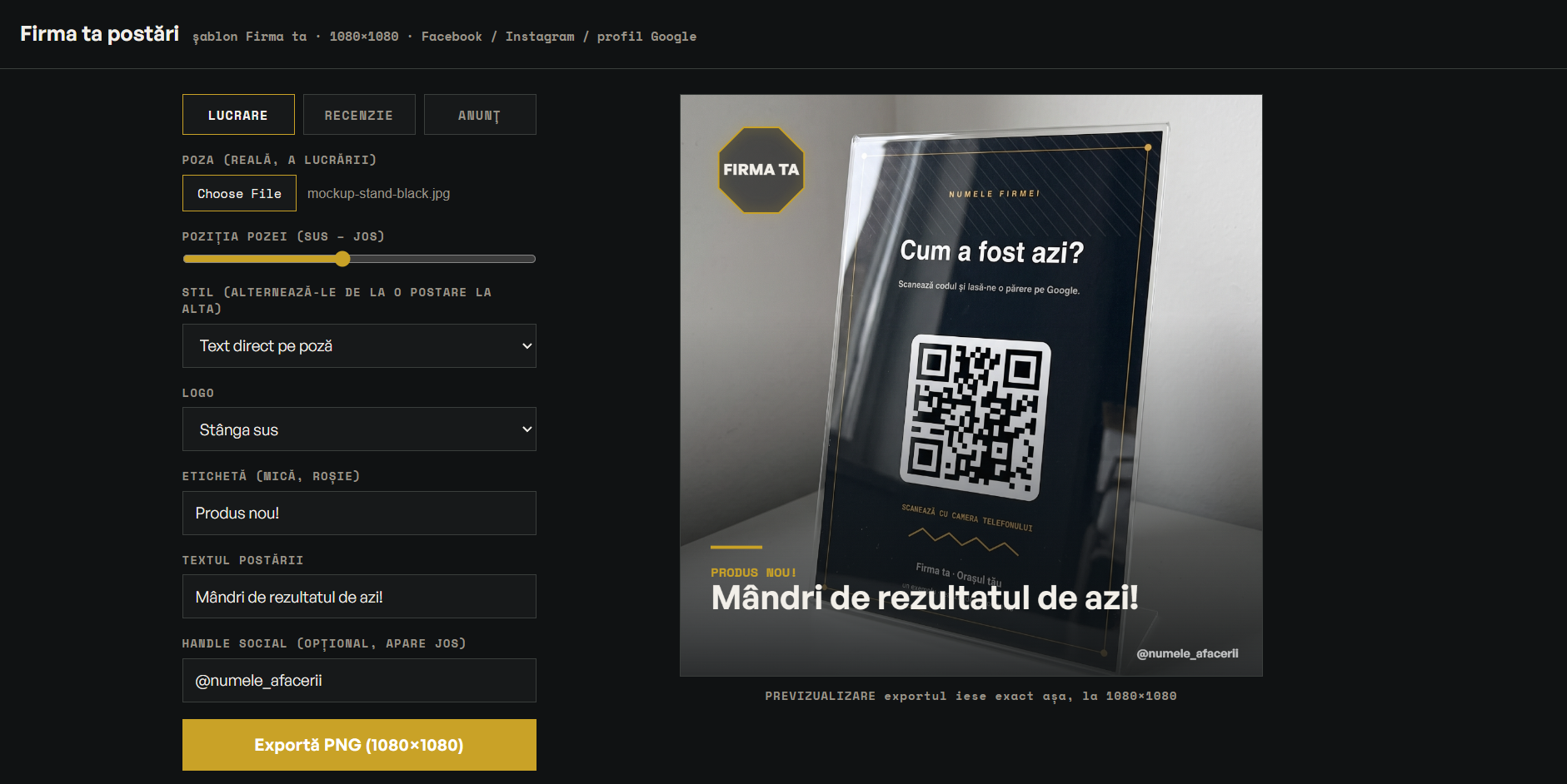 Generatorul de postări: postări gata pentru Facebook și Instagram, în culorile firmei